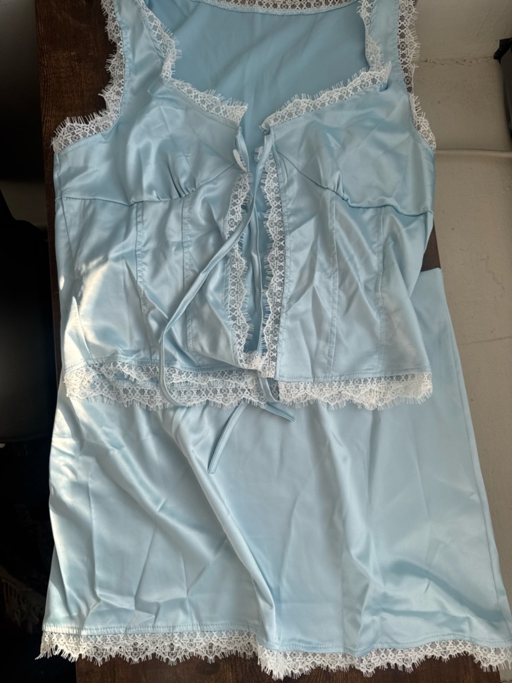 Baby Blue Lace-Trim Satin Chemise & Camisole Skirt Set (S/M)